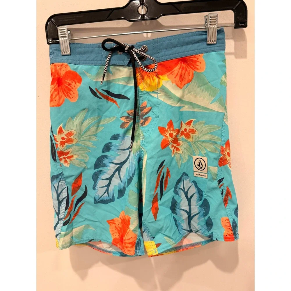 Volcom Boys Teal Orange Hibiscus Floral Board Shorts Swim Trunks Size S 8 10